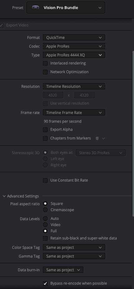 Vision Pro BundleプリセットとApple ProRes 4444 XQを使ったDaVinci Resolveのビデオ書き出し設定