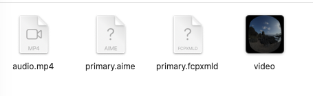 audio.mp4、primary.aime、primary.fcpxmld、video.movが並んだFinder