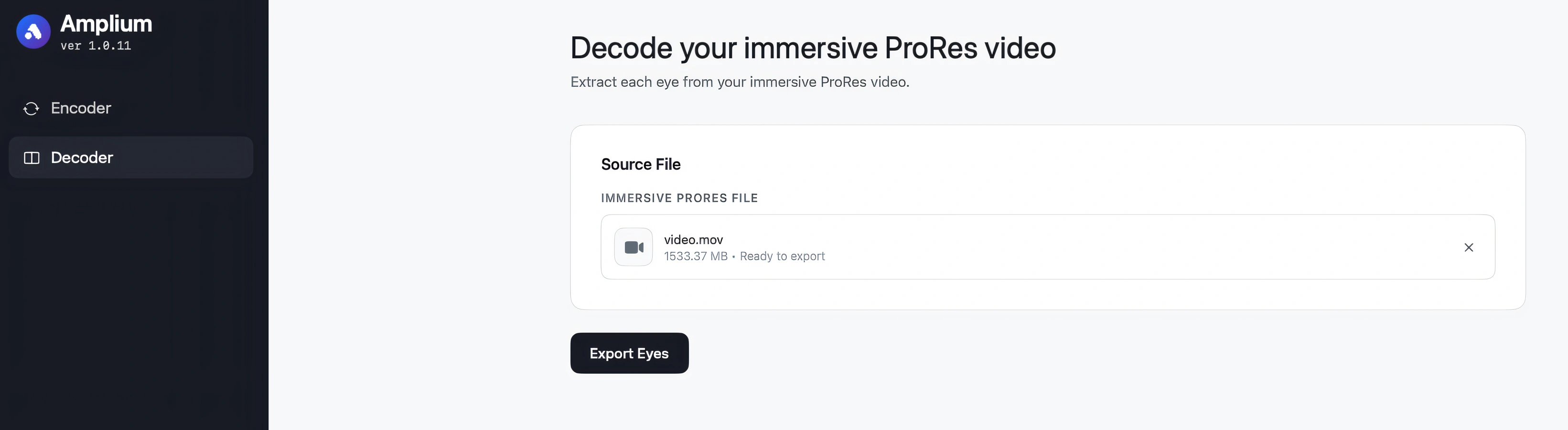 video.movを読み込み、Export Eyesボタンが表示されたAmplium-Macのデコーダー