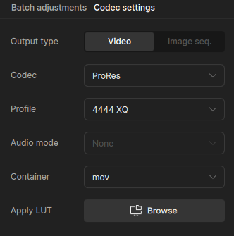 movコンテナのProRes 4444 XQに設定したTopaz Video AIのコーデック設定